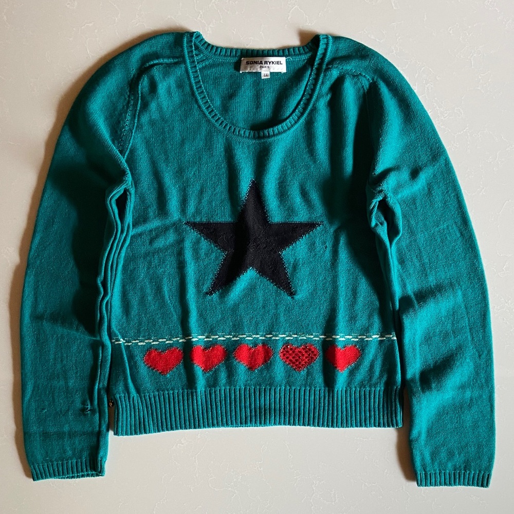 Sonia Rykiel Teal Sweater with Black Star and Red Hearts